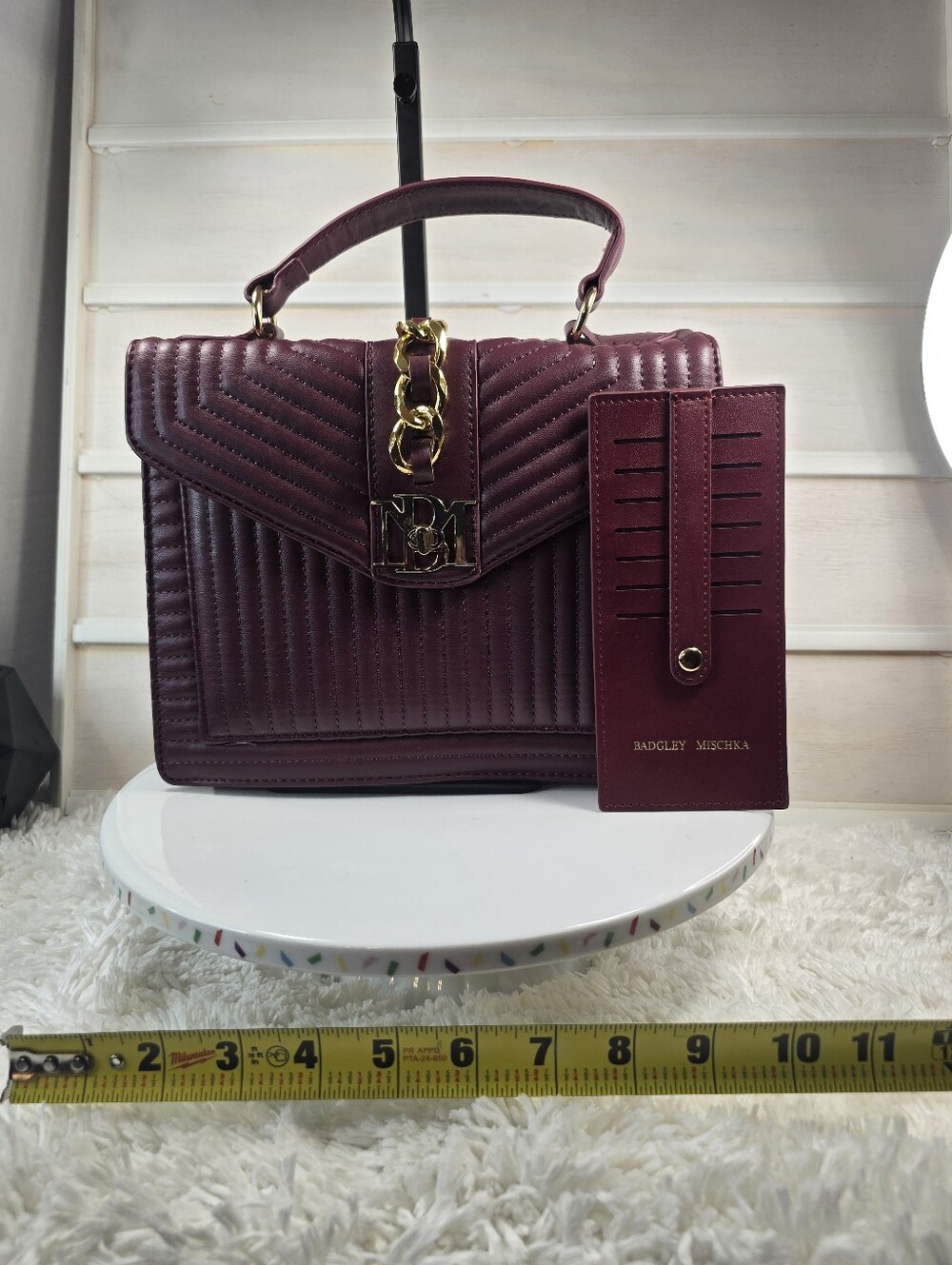 Badgley Mischka Quilted Top-Handle Bag in Burgundy